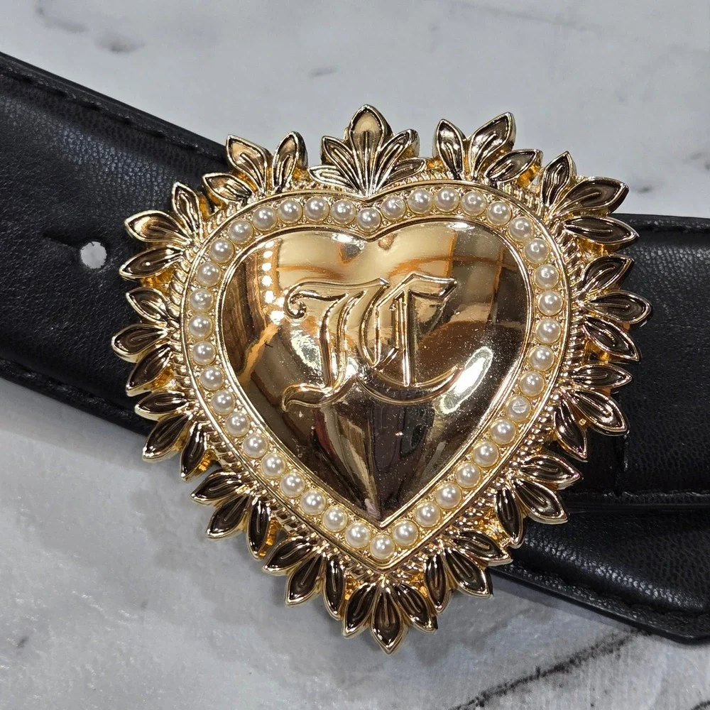 Juicy Couture Belt Womens Large Black Gold Heart Buckle Pearl Detail Fashion